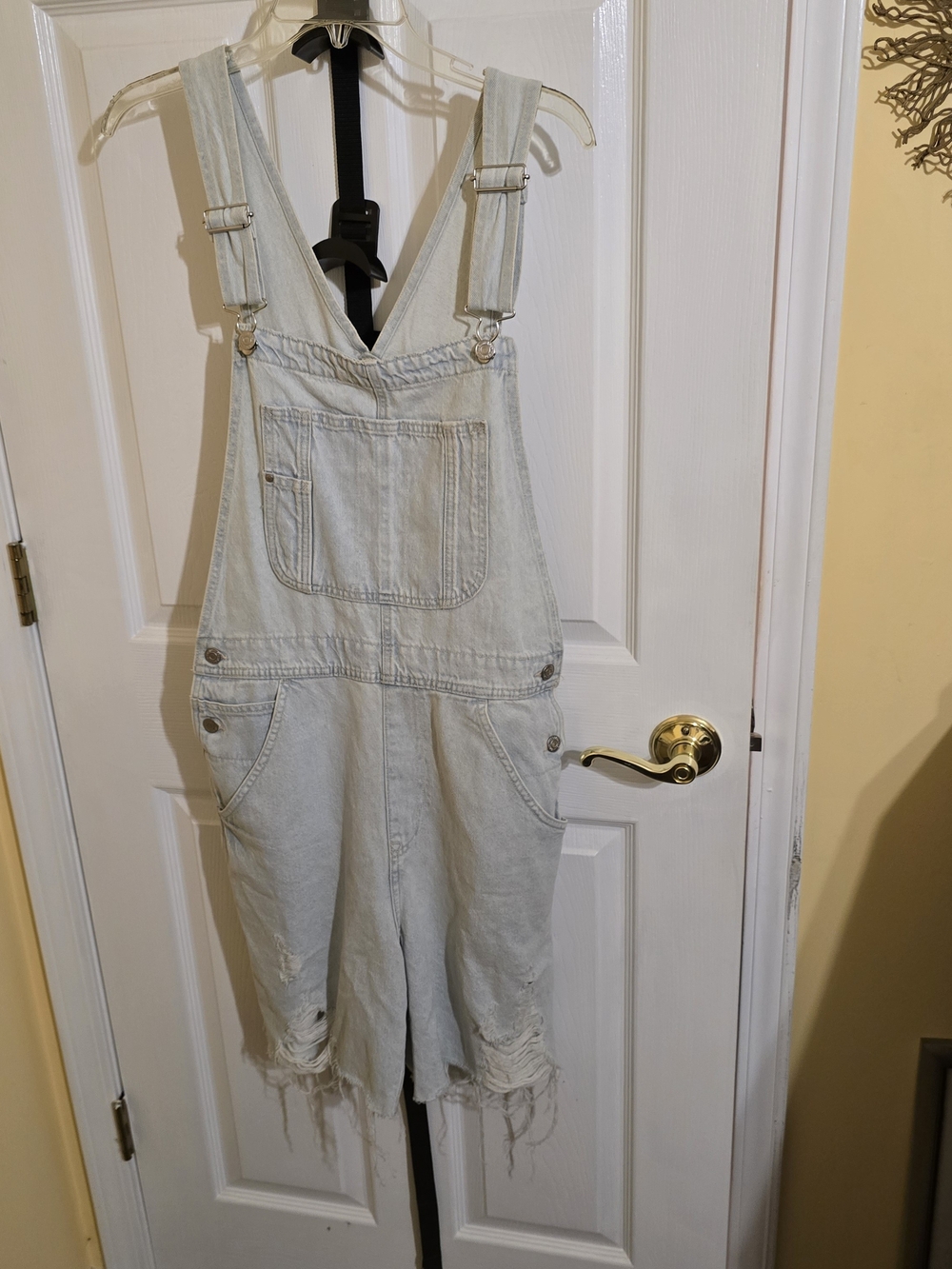 Light Wash Distressed Denim Short Overalls - Light Blue